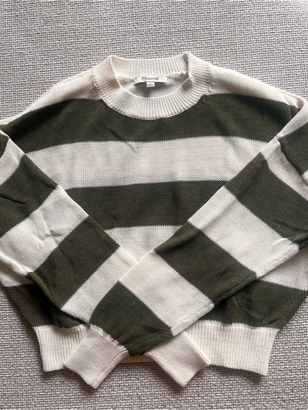 Madewell Olive Green & Cream Wide Stripe Crewneck Sweater Small